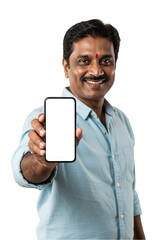 Isolated Portrait Man Holding Smartphone with Transparent Background