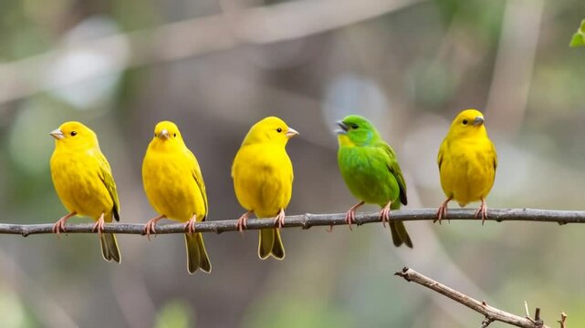 Five Birds In Row Different Color