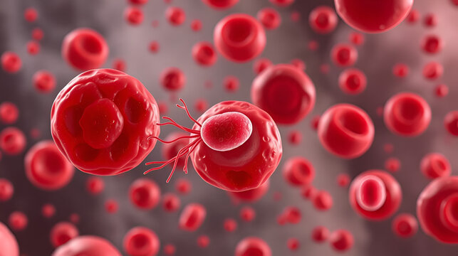 Red blood cells infected with malaria parasite Plasmodium vivax, schizont stage, 3D illustration