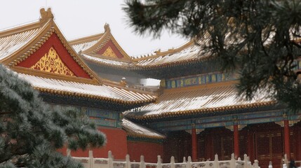 Gongbi - style snow scene of the Forbidden City, red walls and golden tiles covered in snow, vivid glazed roof beasts, white marble railings contrasting with green pine trees