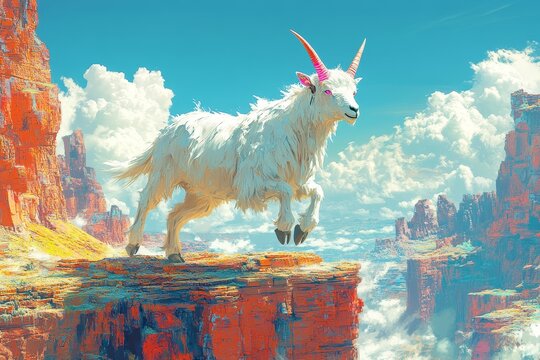 White goat leaps, canyon background, fantasy art, game asset - Powered by Adobe