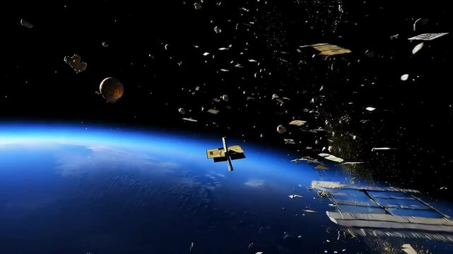 High-detail visualization of orbital debris circling Earth, with labeled trajectories, collisions, and satellite interactions.
