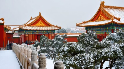 Gongbi - style snow scene of the Forbidden City, red walls and golden tiles covered in snow, vivid glazed roof beasts, white marble railings contrasting with green pine trees