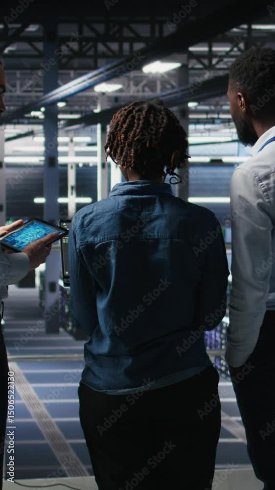 Poster vertical video software developers in data center monitoring ai llm visualization. server farm teamw
