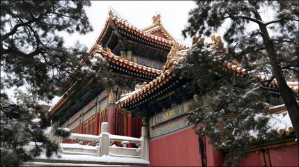 Gongbi - style snow scene of the Forbidden City, red walls and golden tiles covered in snow, vivid glazed roof beasts, white marble railings contrasting with green pine trees