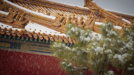 Gongbi - style snow scene of the Forbidden City, red walls and golden tiles covered in snow, vivid glazed roof beasts, white marble railings contrasting with green pine trees