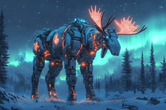 Robotic moose, aurora, winter forest. Sci-fi artwork - Powered by Adobe