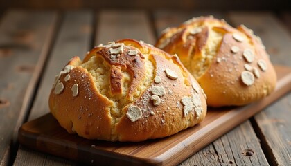 Rustic charm: Two golden-brown oat-topped buns, rustic wooden table backdrop