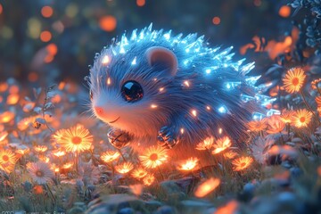 Glowing hedgehog in magical flower field