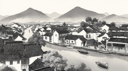 Ink - wash style panorama of Jiangnan water town, ancient buildings with white walls and black tiles, wupeng boats swaying on the winding river, distant mountains shrouded in mist