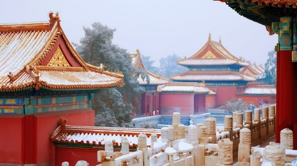 Gongbi - style snow scene of the Forbidden City, red walls and golden tiles covered in snow, vivid glazed roof beasts, white marble railings contrasting with green pine trees