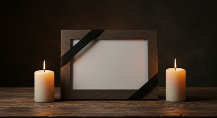 Blank mourning frame with black ribbon displayed between two lit candles on a wooden table. Condolence and funeral concept, remembrance background.