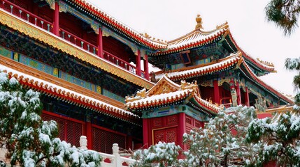 Gongbi - style snow scene of the Forbidden City, red walls and golden tiles covered in snow, vivid glazed roof beasts, white marble railings contrasting with green pine trees