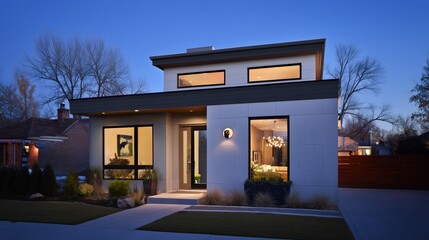 Modern home at dusk with warm interior lights, minimalist design. Cozy contemporary living in harmony with twilight.