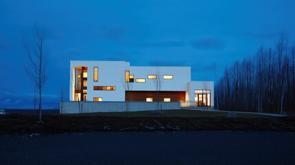 Modern home at dusk with warm interior lights, minimalist design. Cozy contemporary living in harmony with twilight.