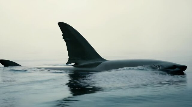 In tranquil waters under a soft morning light, fin of a shark breaks the surface as it gracefully moves through the ocean. Serenity meets the powerful presence of the sea predator
