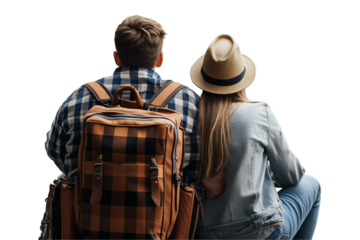Adventurous couple enjoying the journey as backpackers in scenic destinations on transparent background