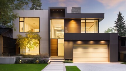 Modern home at dusk with warm interior lights, minimalist design. Cozy contemporary living in harmony with twilight.