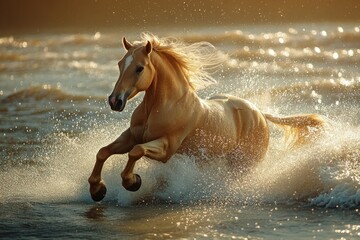 Obraz premium Horse running through golden waves