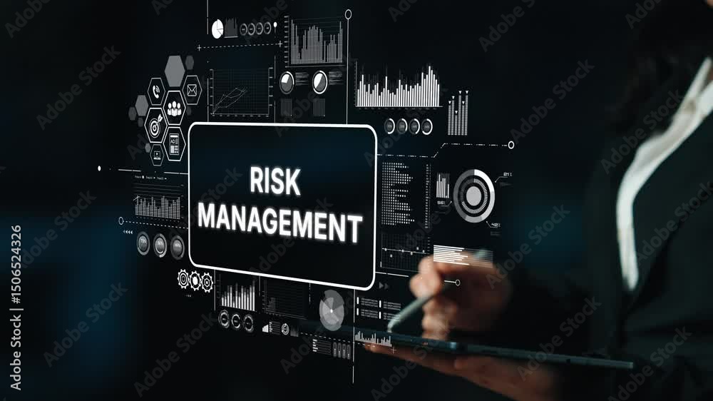 Poster professional woman engaging with digital display of risk management concepts and data visualization 