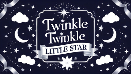 Twinkle Twinkle Little Star nursery rhyme illustration. Silver accents on a dark blue background with stars, moons, and clouds. Perfect for baby shower or children's room decor.