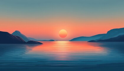Pixel Art Sunset Seascape Orange and Blue Hues Reflecting on Calm Water