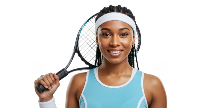 Isolated Portrait of Young Black Tennis Player with Racket