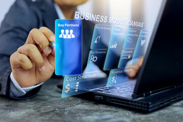 Business model canvas BMC with businessman working on key partners to planning raw material products management and study of market research a customer segment, sales channels