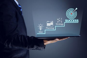 Planning concept with businessman holding laptop to show success path of company in step by steps of a process such as idea, planning strategy to startup business