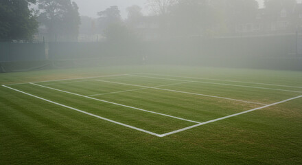 Fototapeta premium Expansive View of a Perfectly Maintained Green Grass Tennis Court on a Misty Morning - Capturing the Essence of Outdoor Sports and Training