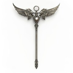 A decorative staff with wings and a central orb, symbolizing power and authority. on white background