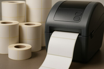 Label printer with blank labels and rolls in an office setting