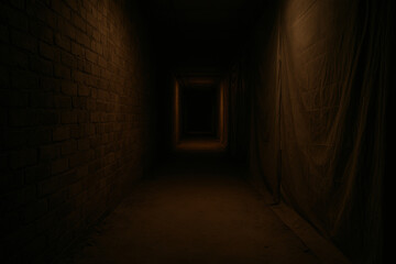 Obraz premium Dark narrow corridor with brick wall and draped fabric creates eerie and mysterious atmosphere