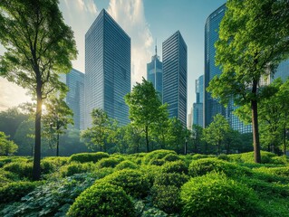 Obraz premium Serene Urban Park Green Landscape and Modern Skyscrapers