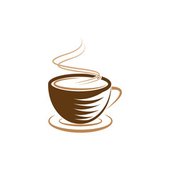 Hot morning coffee cup icon with steam and beans