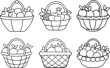 Set of fruit basket outline vector illustration line art