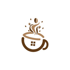 Hot steaming coffee cup with beans, a perfect symbol for a morning drink or cafe beverage for cafe logo