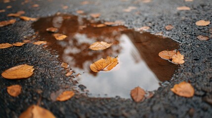 Autumnal puddle reflection: A close-up shot of a puddle on asphalt captures a serene reflection of the sky, punctuated by the presence of fallen leaves.