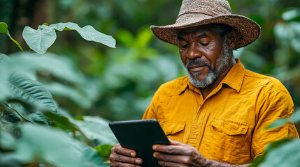 Fototapeta premium A man stands among green plants, in a greenhouse or on a farm. He holds a tablet in his hands and looks at it carefully, studying the data or controlling the process of growing plants.
