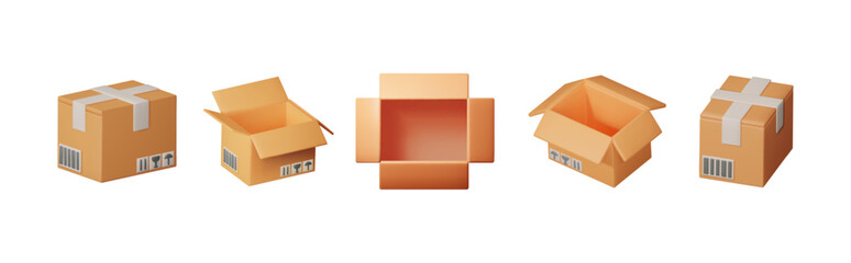 Set of 3d rendering cargo boxes with various angles. Shipping box illustration for delivery service and online store banner.