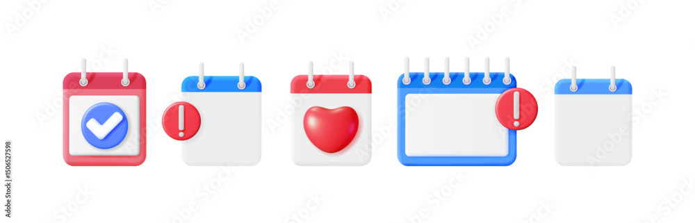 Poster 3d vector calendar icon set with check mark, heart, and exclamation notification for event and date 