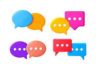 Fototapeta na wymiar Colorful 3d chat bubble communication icons set with message dots. Online conversation and social media messages concept.