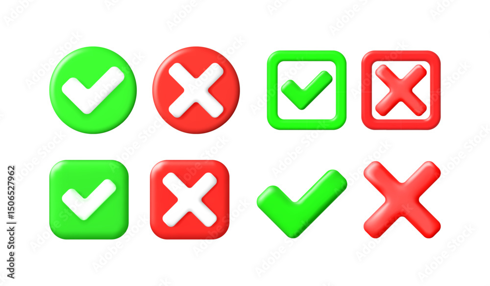 Poster set of 3d vector check mark and x cross icons. green check mark and red cross symbols for web and mo