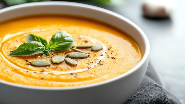 Cozy plant-based soup, warm butternut squash bisque, topped with toasted pumpkin seeds