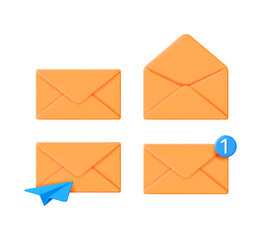 Four 3d realistic rendering icons featuring mail envelope. Orange paper letters with blue plane or new message notification. Vector cartoon illustrations for digital communication.