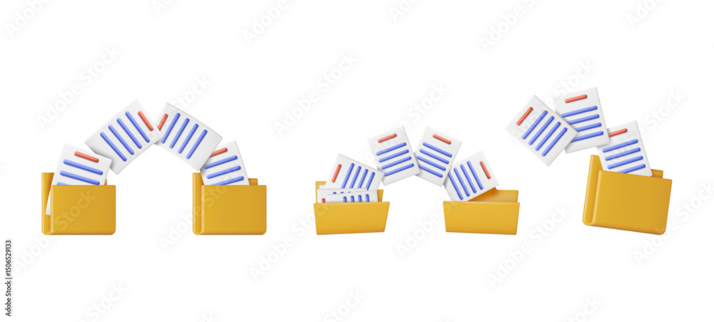 Poster three illustrations of documents transferring between yellow folders, visualizing file backup and da