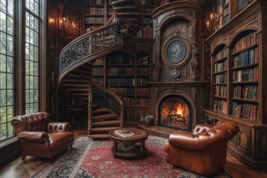Luxurious library with spiral staircase, fireplace, and leather armchairs