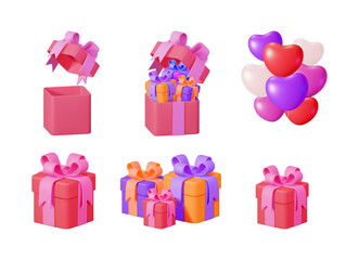 Collection of 3d gift box, present with ribbon bow, and heart balloon set. Celebration design element for holiday concept.