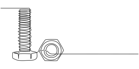 Screw, nail, bolt one line art. Continuous line drawing of repair, professional, hand, people, concept, support, maintenance, Screw, bolt and nut, dowel, pin, pintle one line art. Continuous line draw