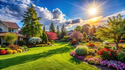 Obraz premium Stunning Landscaping Design with Colorful Flowers and Trees in Front of a Home